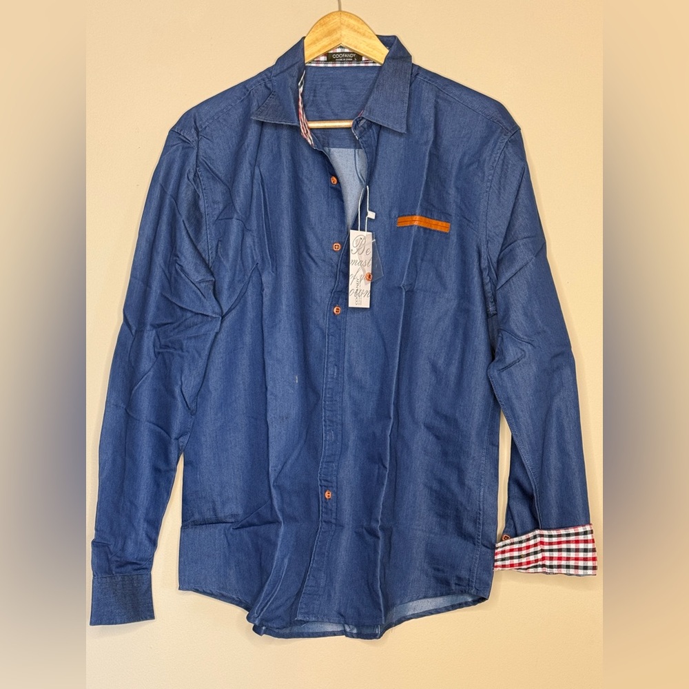 MWT CoofAndy Men's Size Large NAVY Button Down Long Sleeve Shirt Checkered Cuffs